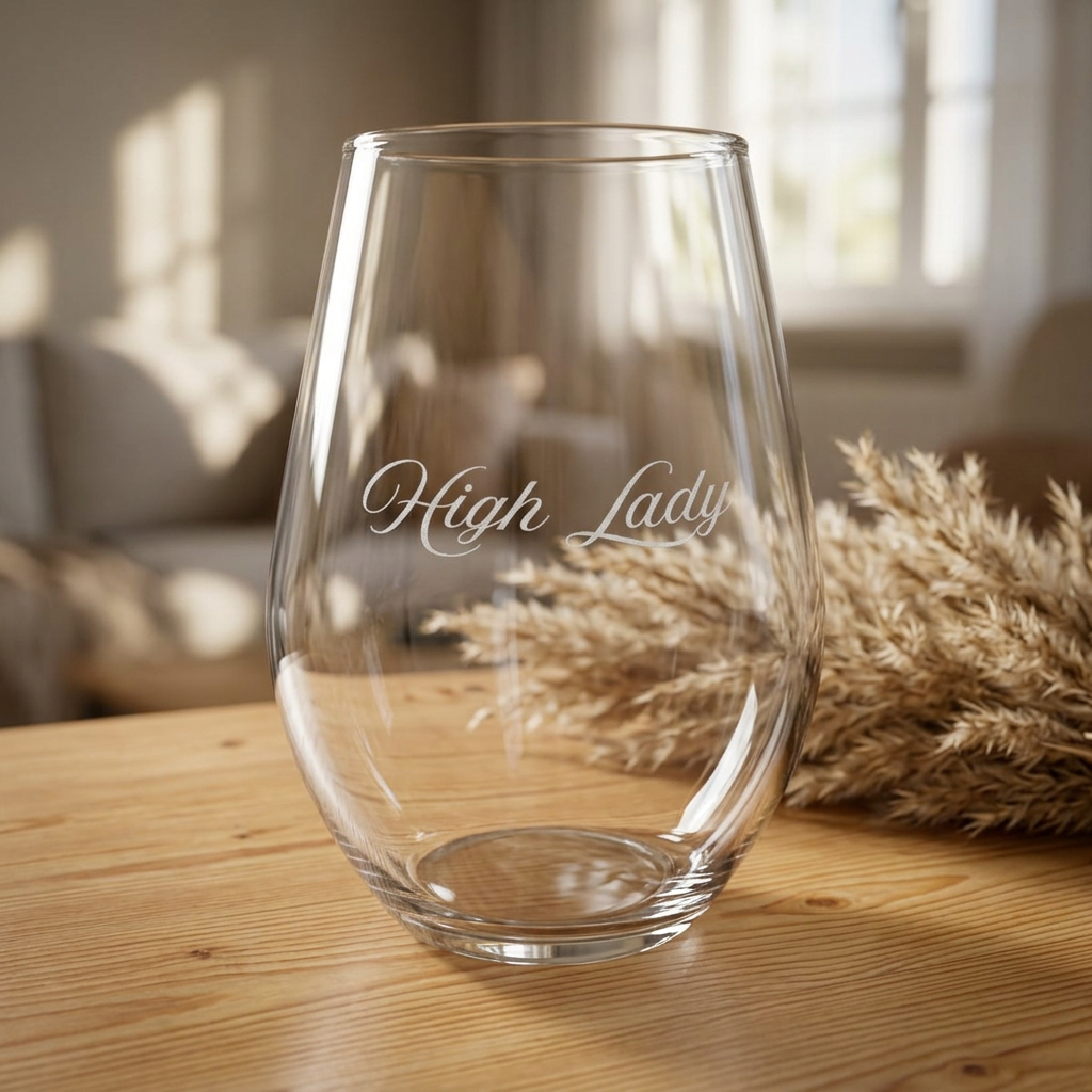 A clear stemless wine glass with 'High Lady' engraved on the front, sitting on a wooden table with dried grass in a softly blurred living room background.