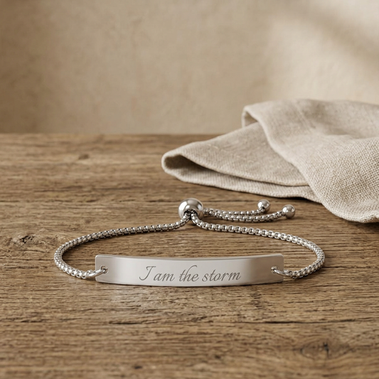 "I Am the Storm" Engraved Flat Bar Bracelet | Adjustable Bolo Chain - Spinsterly Co