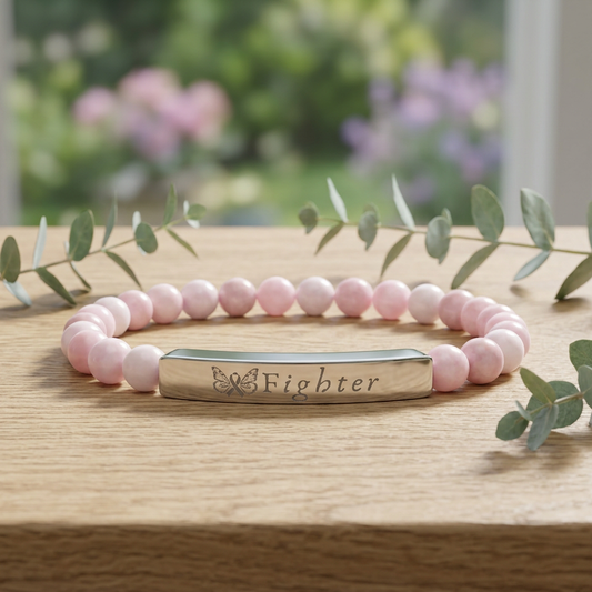 "Fighter" Engraved Natural Stone Stretch Bracelet | Breast Cancer Awareness - Spinsterly Co