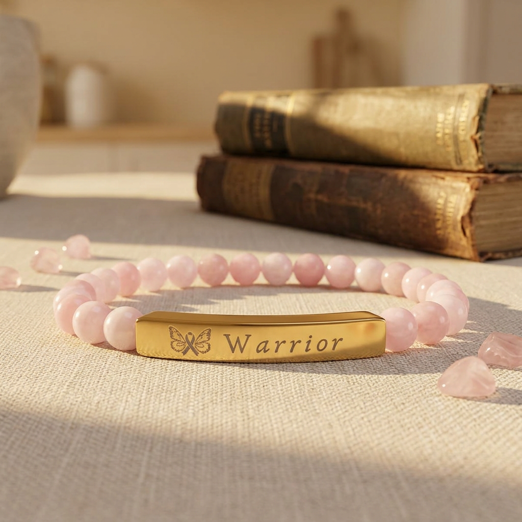 "Warrior" Engraved Natural Stone Stretch Bracelet | Breast Cancer Awareness - Spinsterly Co