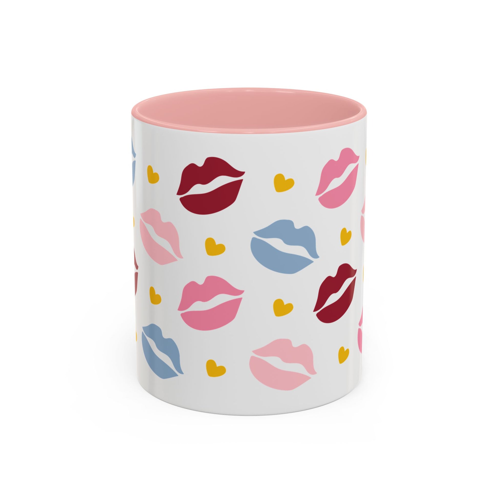 Lips Hearts Kiss Pattern Accent Coffee Mug Spinsterly Co, glossy pink ceramic mug with full-wrap kiss design