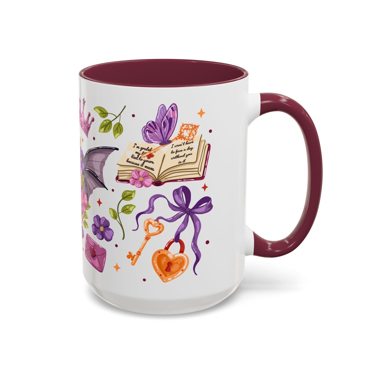 Winged Dagger Crown Romantasy Collage Coffee Mug by Spinsterly Co in maroon with full wrap glossy ceramic design