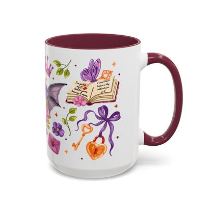 Winged Dagger Crown Romantasy Collage Coffee Mug by Spinsterly Co in maroon with full wrap glossy ceramic design
