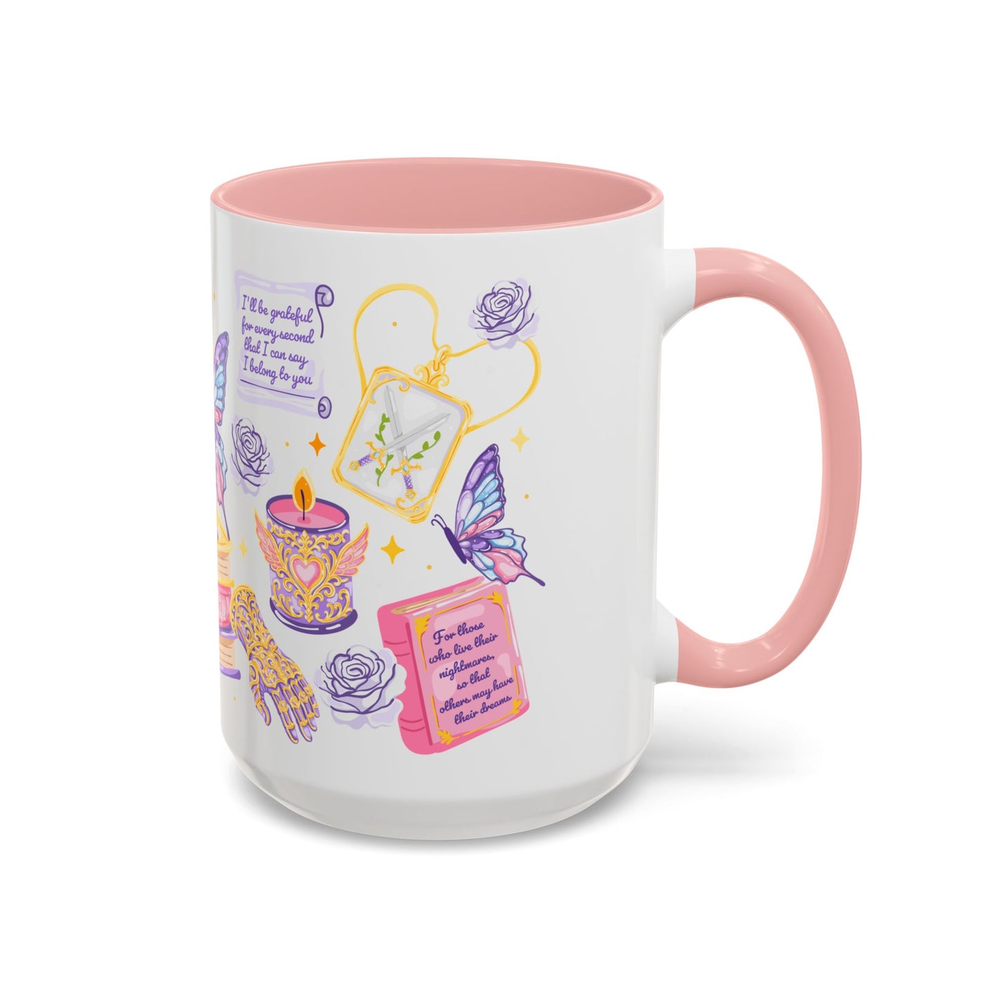 She Is Moonlight Fae Romantasy Collage Accent Coffee Mug by Spinsterly Co in Pink with glossy watercolor artwork