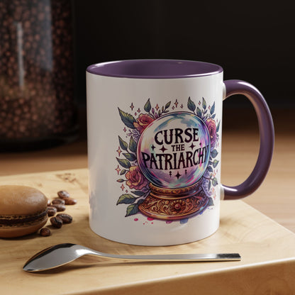 Curse the Patriarchy Floral Crystal Ball Accent Coffee Mug by Spinsterly Co in Purple glossy ceramic finish