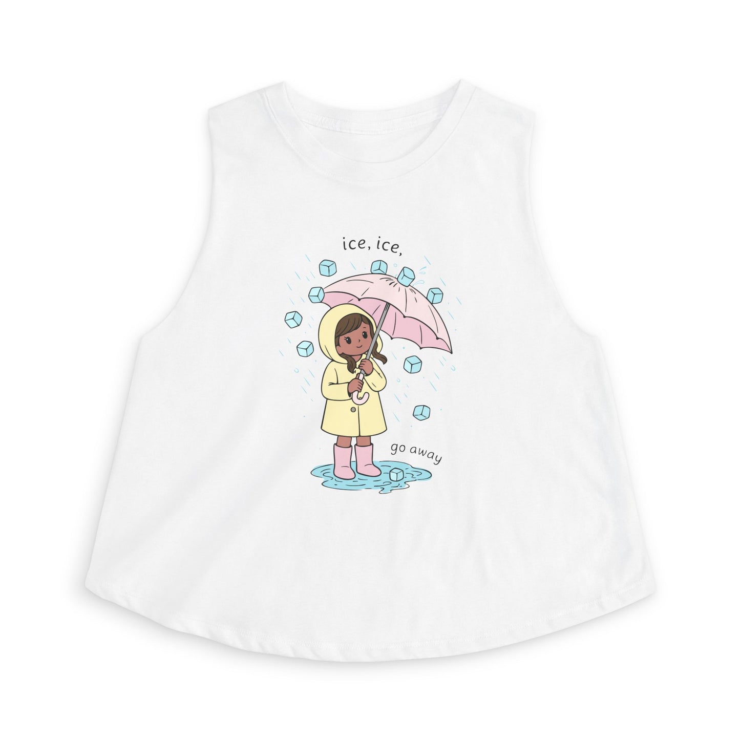 Ice, Ice, Go Away Crop Top by Spinsterly Co women's graphic crop top in Solid White Blend with girl umbrella print