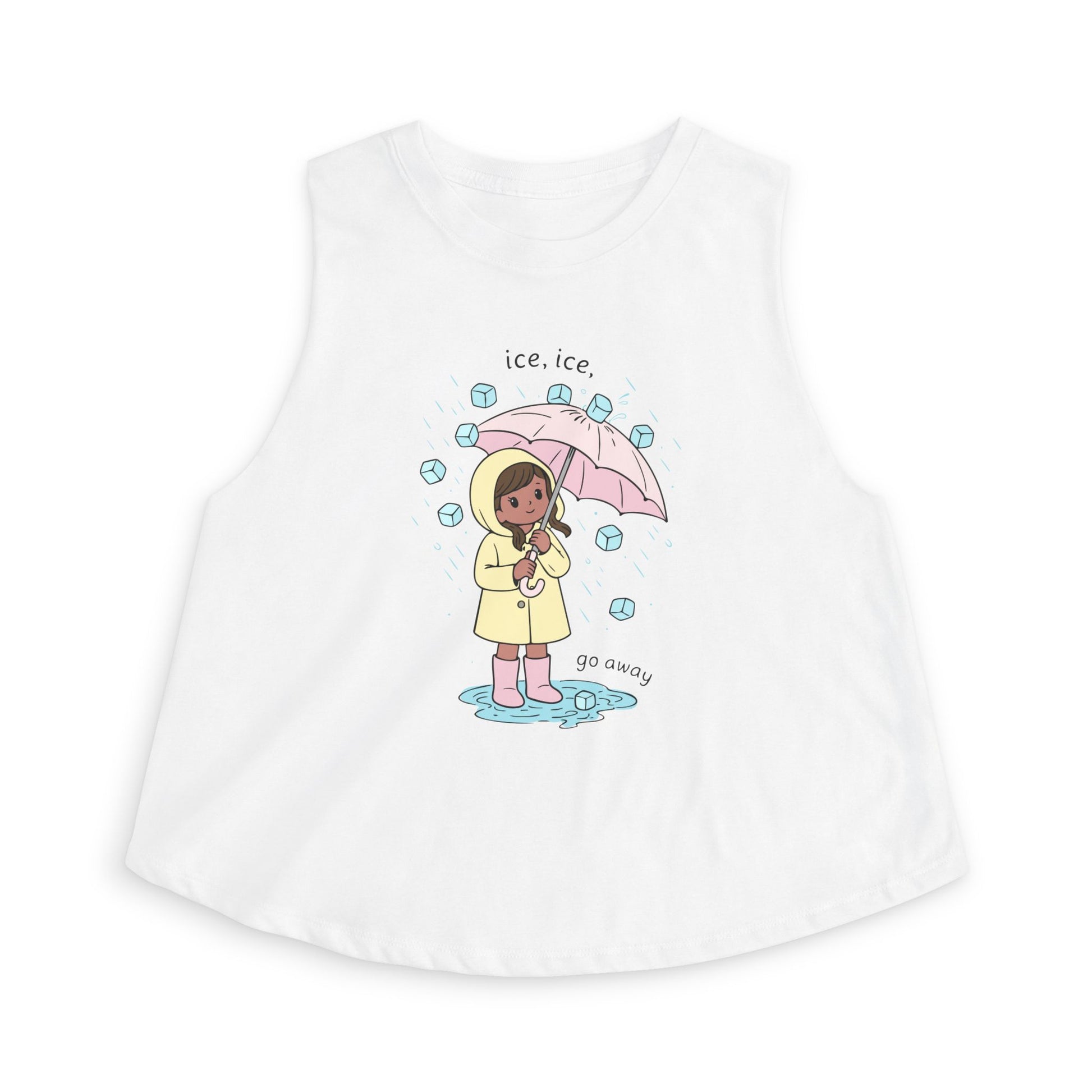 Ice, Ice, Go Away Crop Top by Spinsterly Co women's graphic crop top in Solid White Blend with girl umbrella print