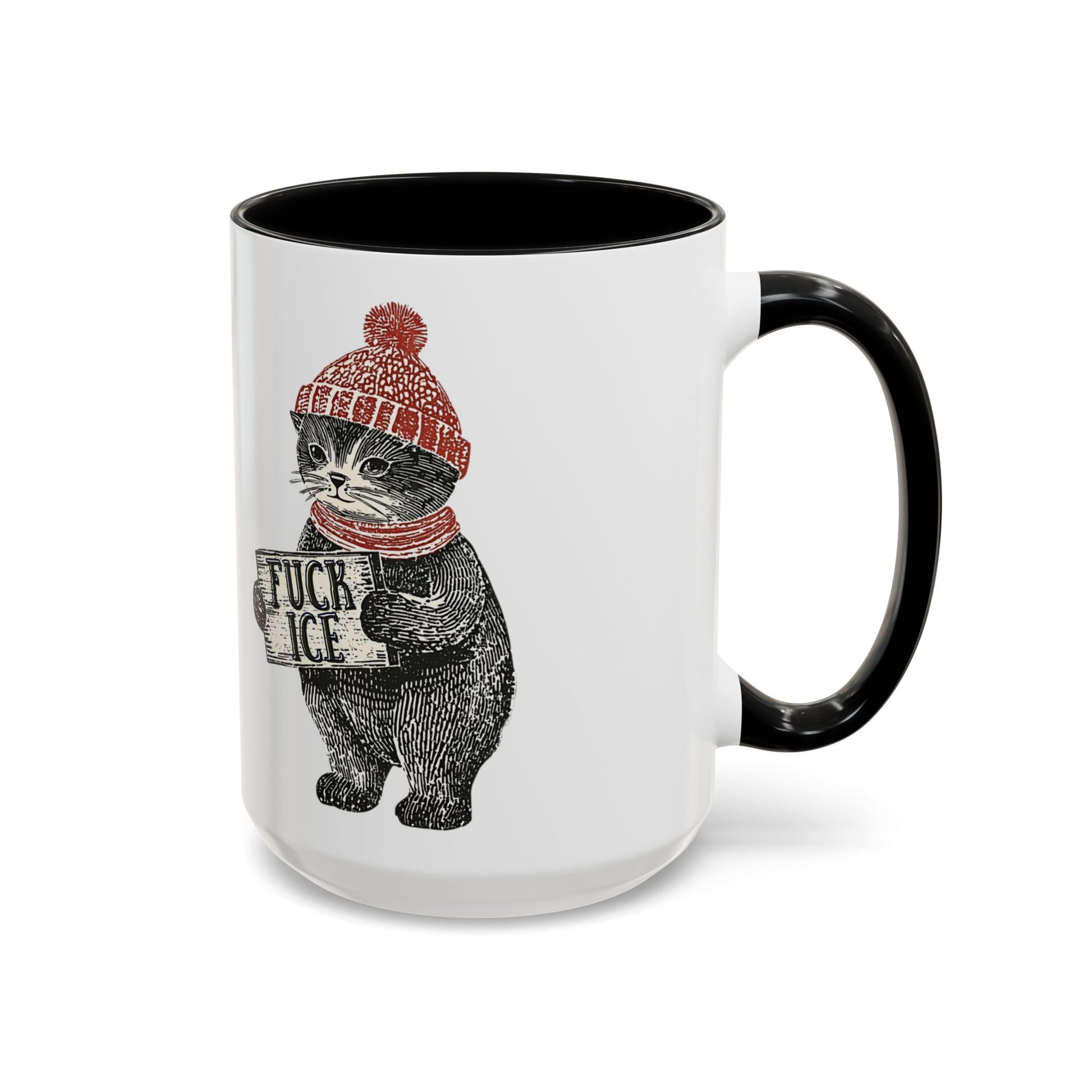 Cat in Beanie Fck Ice Accent Coffee Mug by Spinsterly Co, black handle, protest sign graphic on ceramic