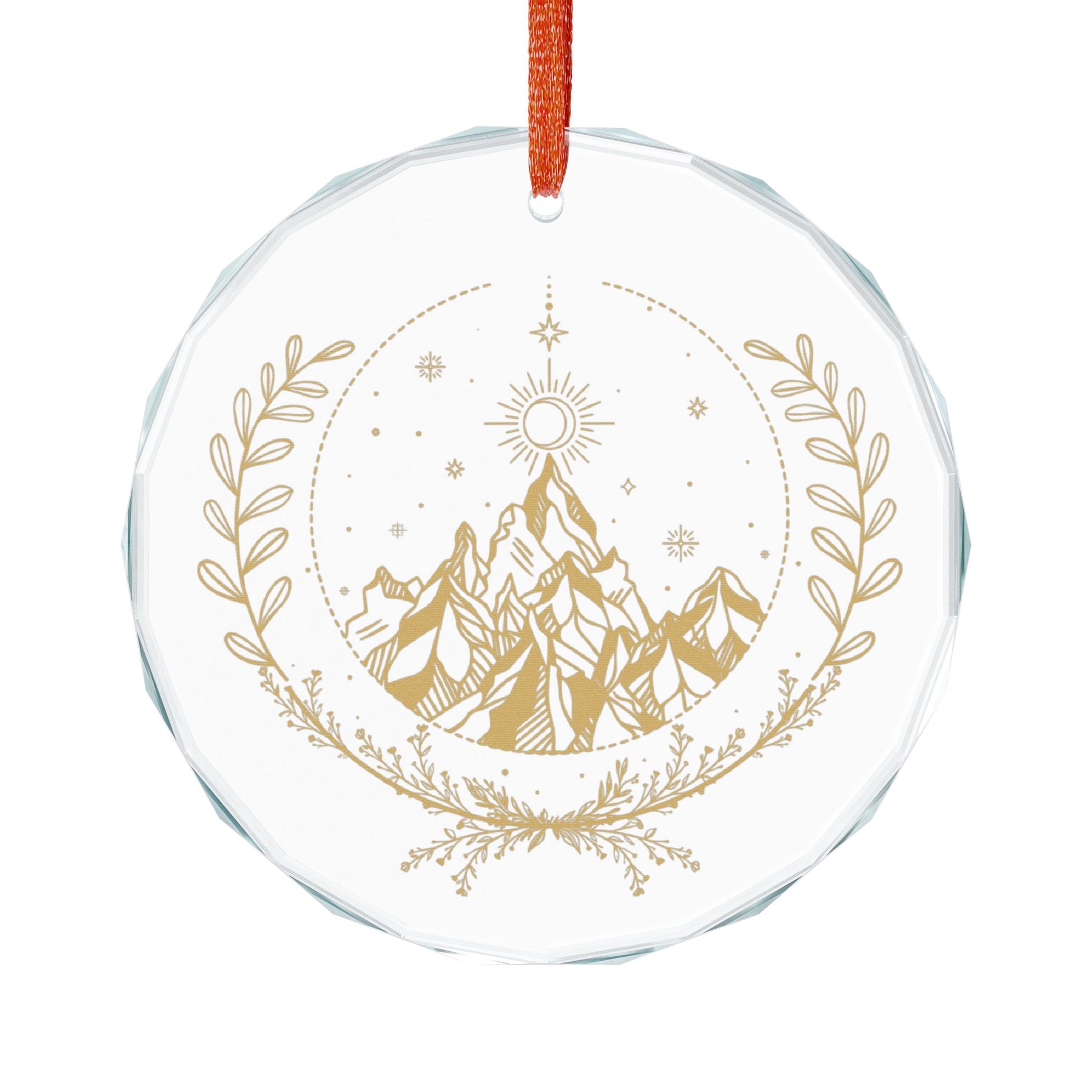 Fae Mountain Crystal Glass Ornament Spinsterly Co round crystal glass ornament with faceted surface and gold celestial design