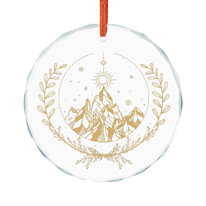 Fae Mountain Crystal Glass Ornament Spinsterly Co round crystal glass ornament with faceted surface and gold celestial design