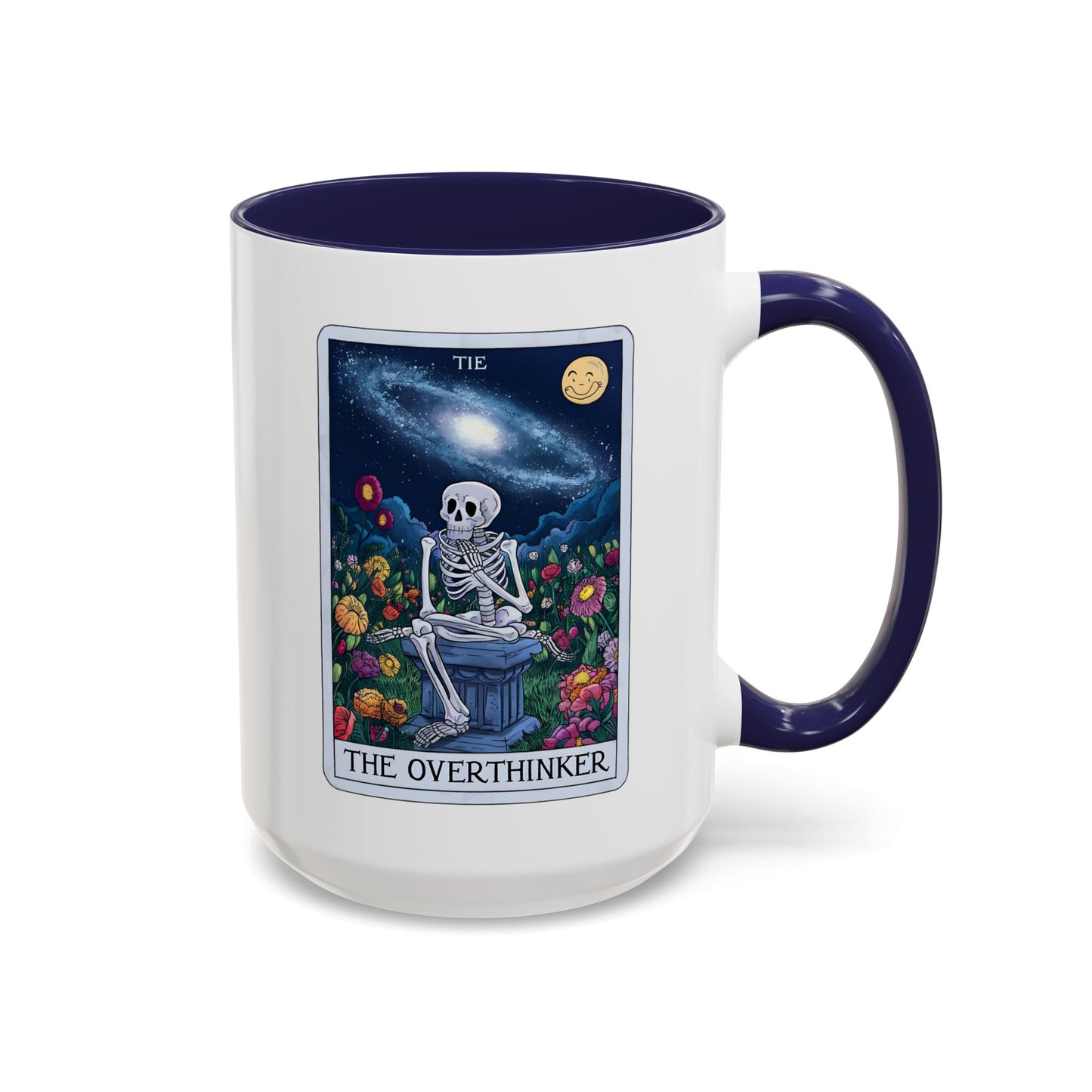 The Overthinker Tarot Card Accent Coffee Mug Spinsterly Co Navy with glossy ceramic and skeleton floral tarot art