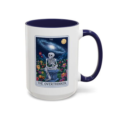 The Overthinker Tarot Card Accent Coffee Mug Spinsterly Co Navy with glossy ceramic and skeleton floral tarot art