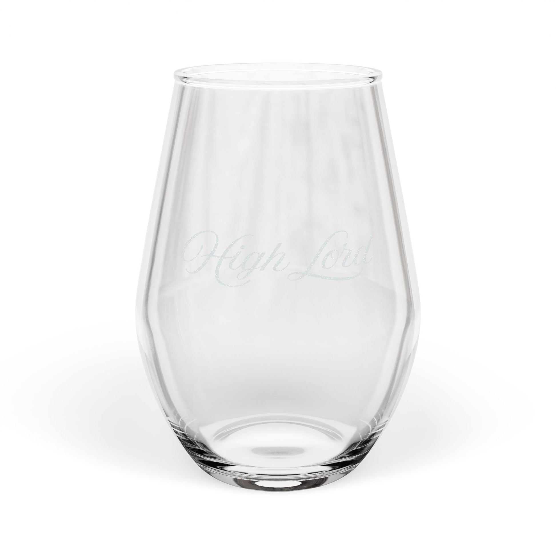 A clear stemless wine glass with a subtle faceted design and a frosted white monogram logo reading 'W Financial Group' on the front, set against a plain white background.