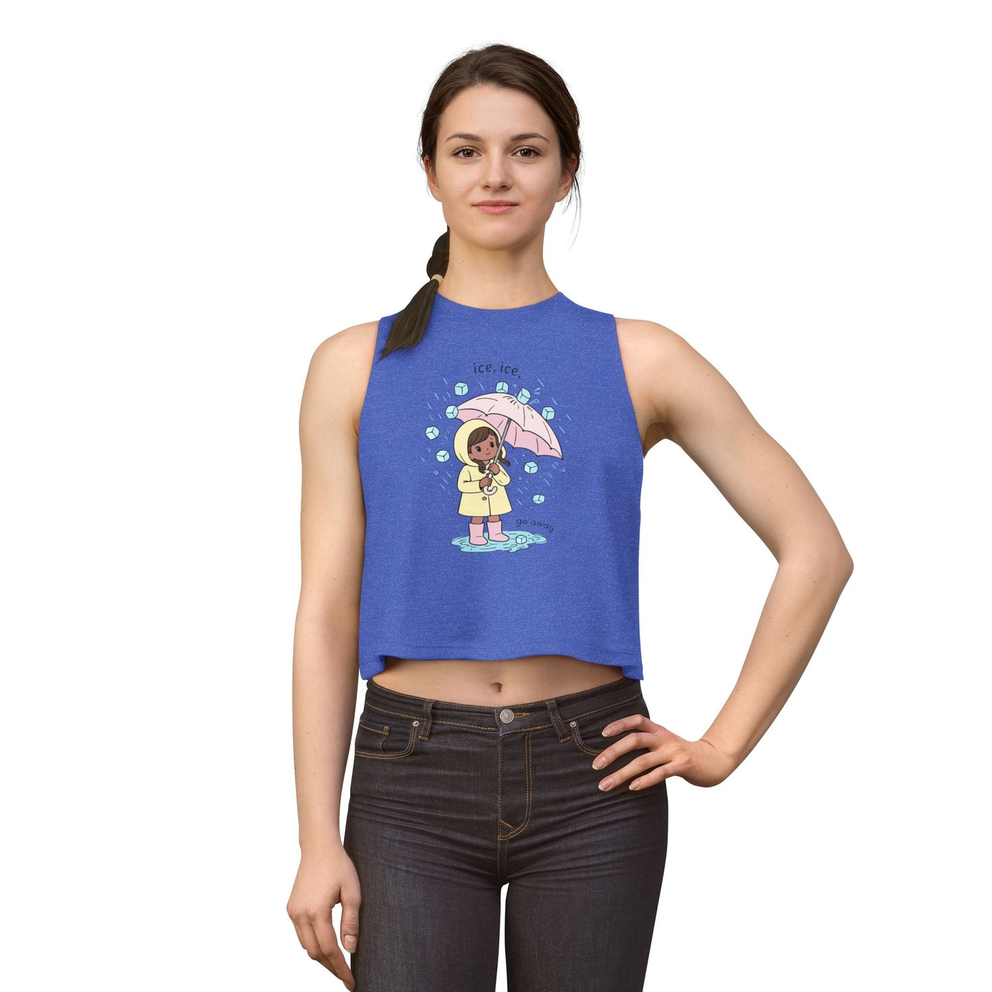 Ice, Ice, Go Away Crop Top by Spinsterly Co women's graphic crop top in Heather True Royal with illustrated girl