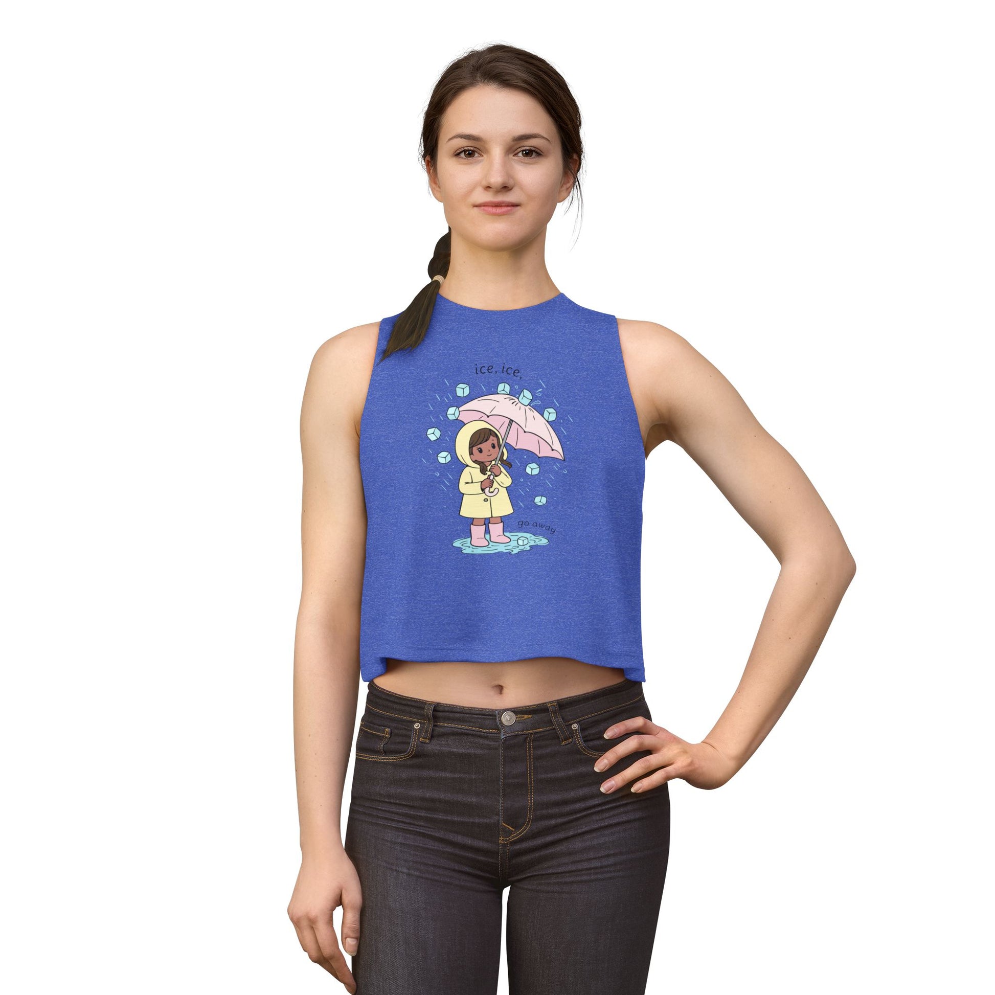 Ice, Ice, Go Away Crop Top by Spinsterly Co women's graphic crop top in Heather True Royal with illustrated girl