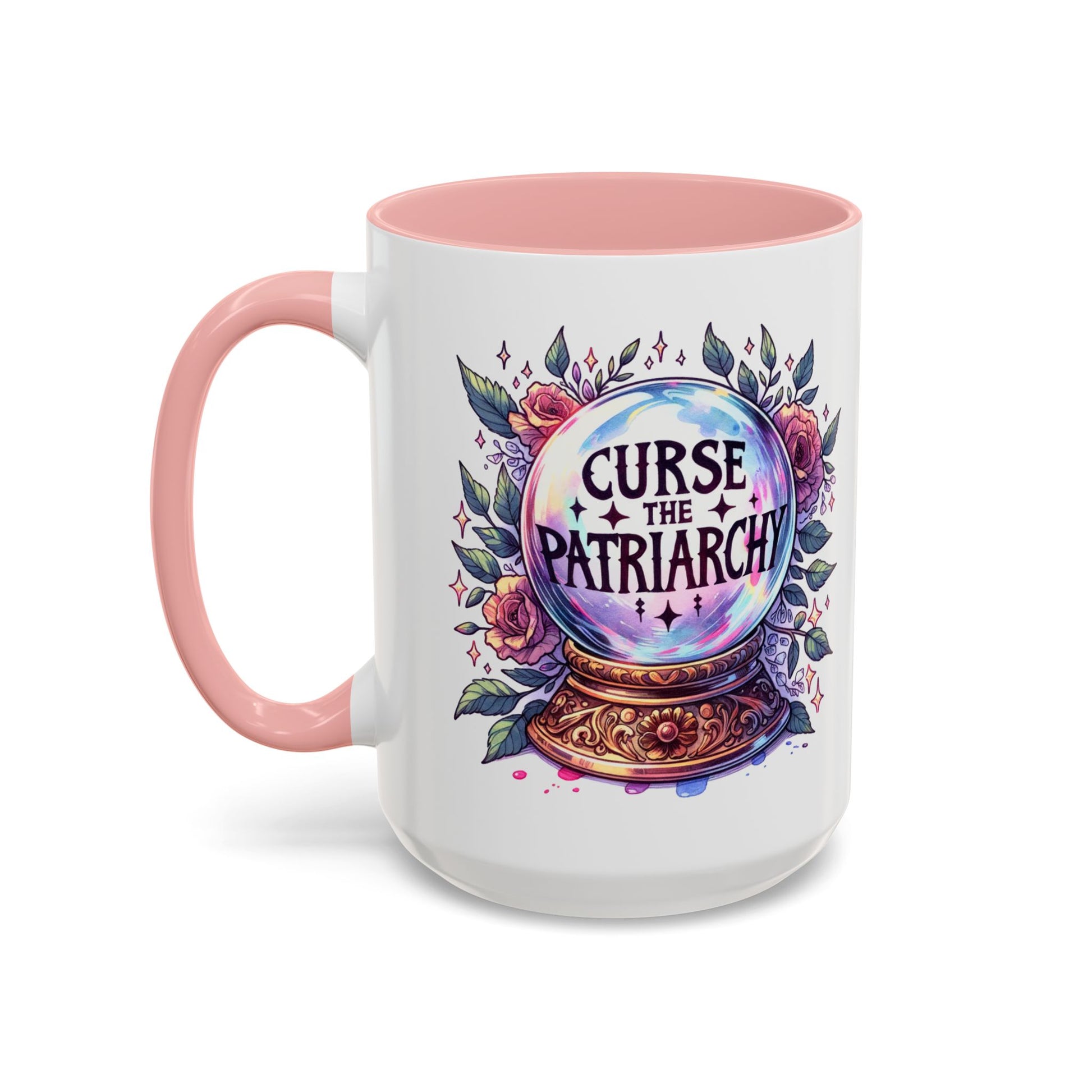 Curse the Patriarchy Floral Crystal Ball Accent Coffee Mug by Spinsterly Co, Pink ceramic with glossy finish
