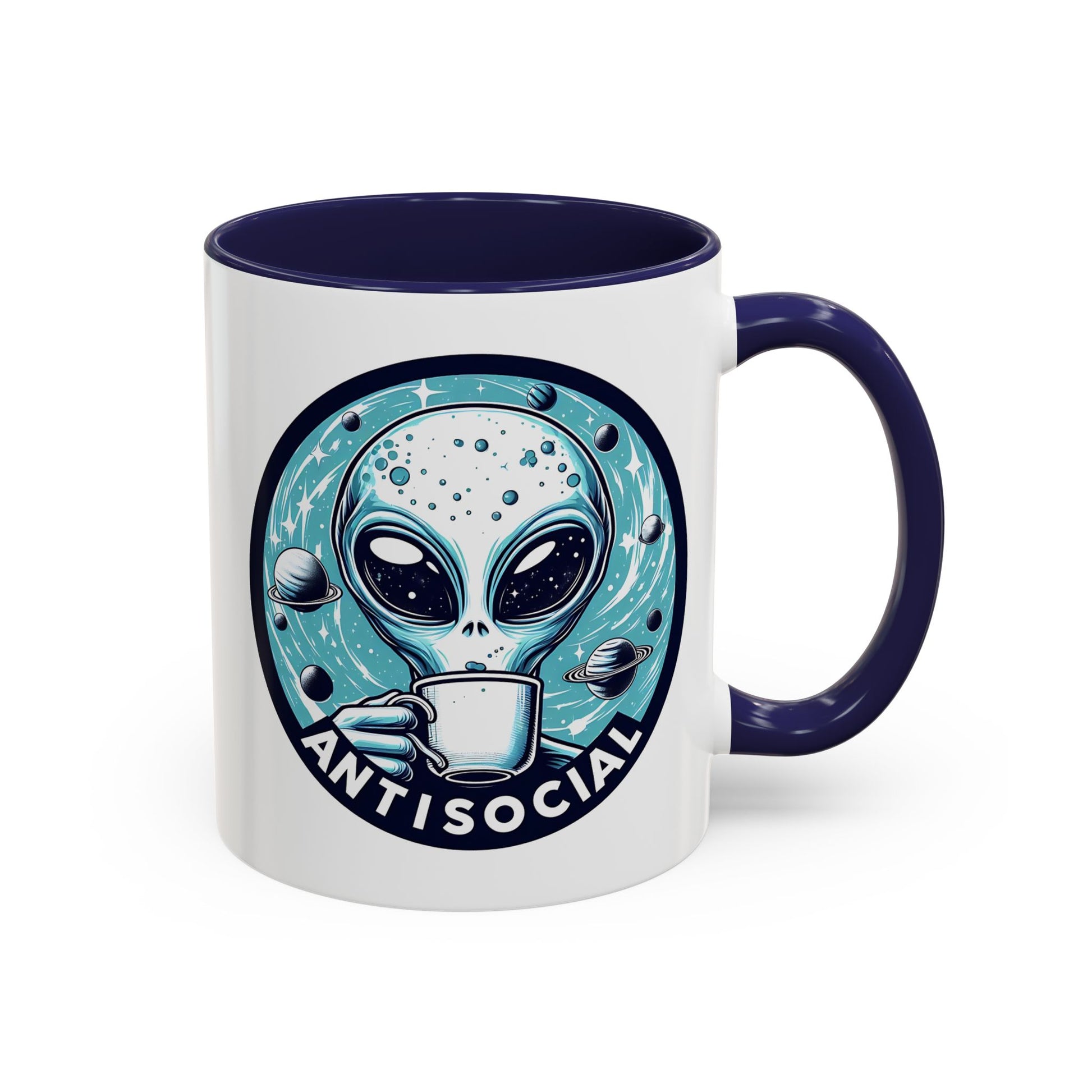 Antisocial Alien Coffee Retro Space Badge Accent Mug by Spinsterly Co in Navy glossy ceramic with printed both sides
