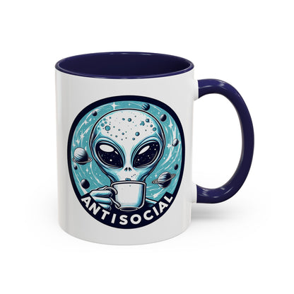 Antisocial Alien Coffee Retro Space Badge Accent Mug by Spinsterly Co in Navy glossy ceramic with printed both sides