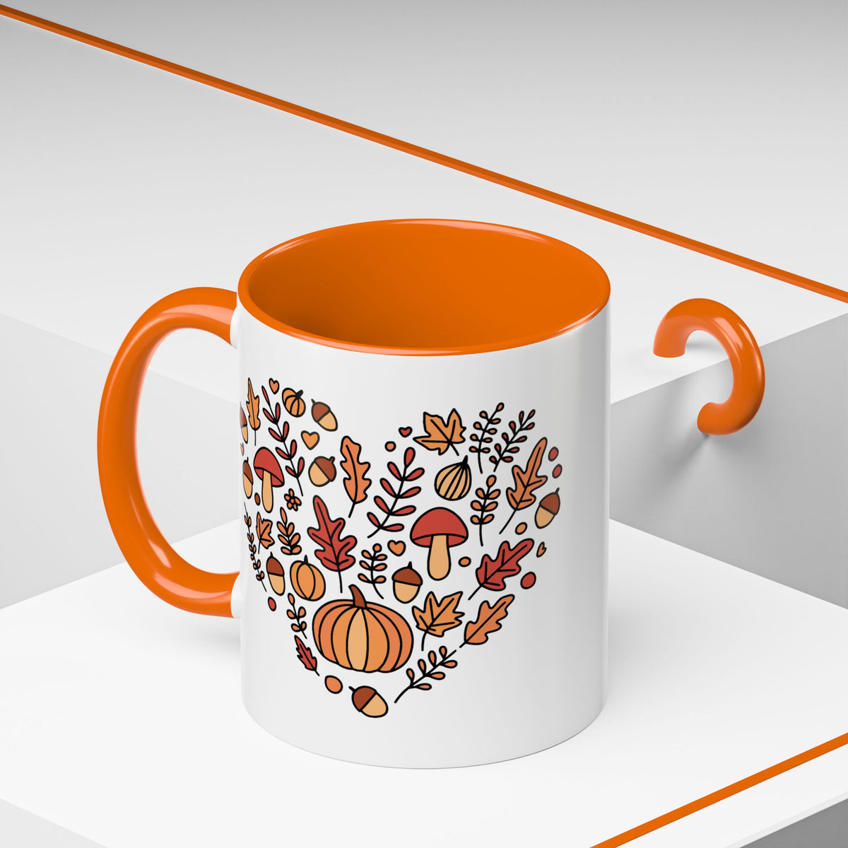 Fall Coffee Mug – Pumpkin & Mushroom Heart, Orange Accent