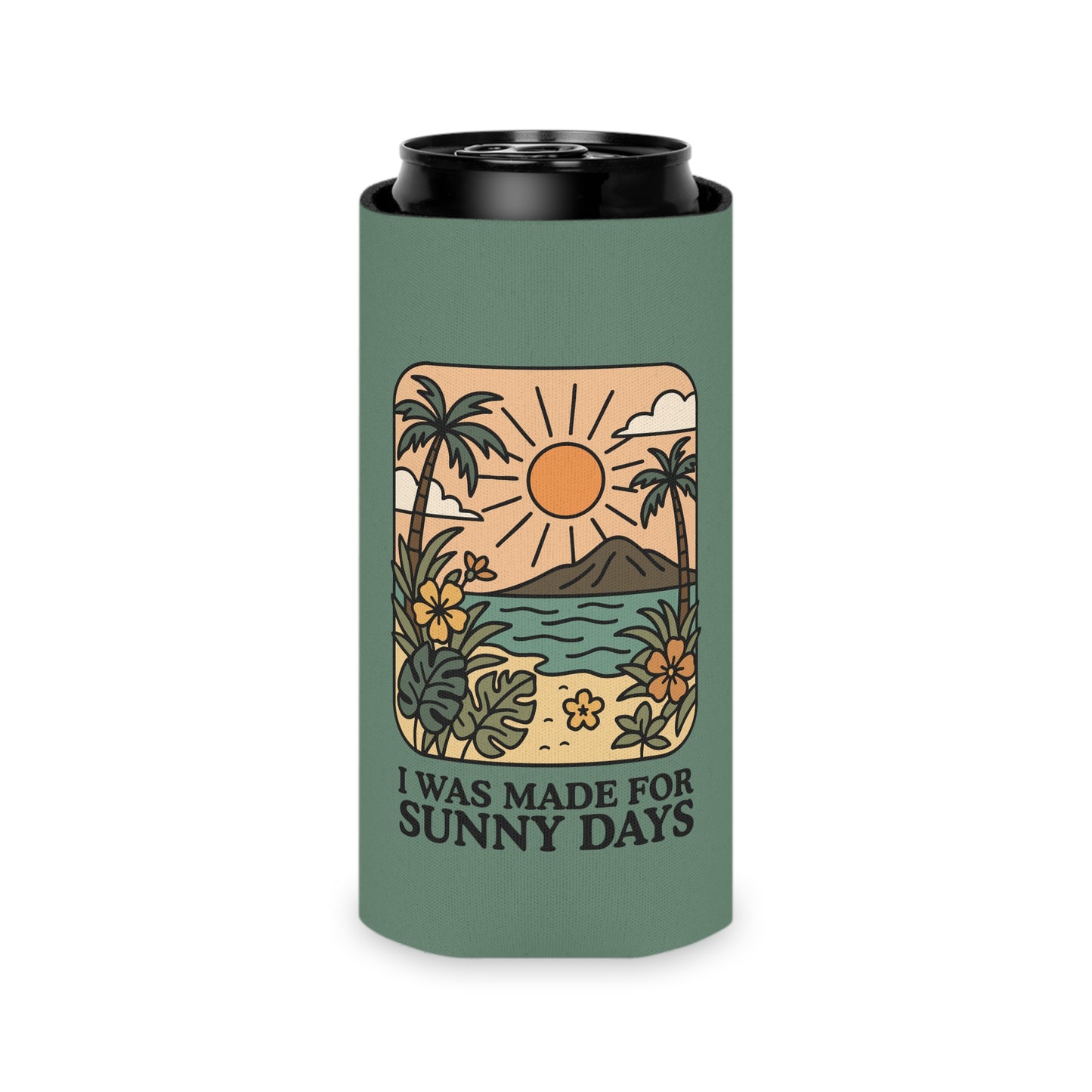 I Was Made for Sunny Days Can Cooler by Spinsterly Co can cooler in sage green with soft foam liner