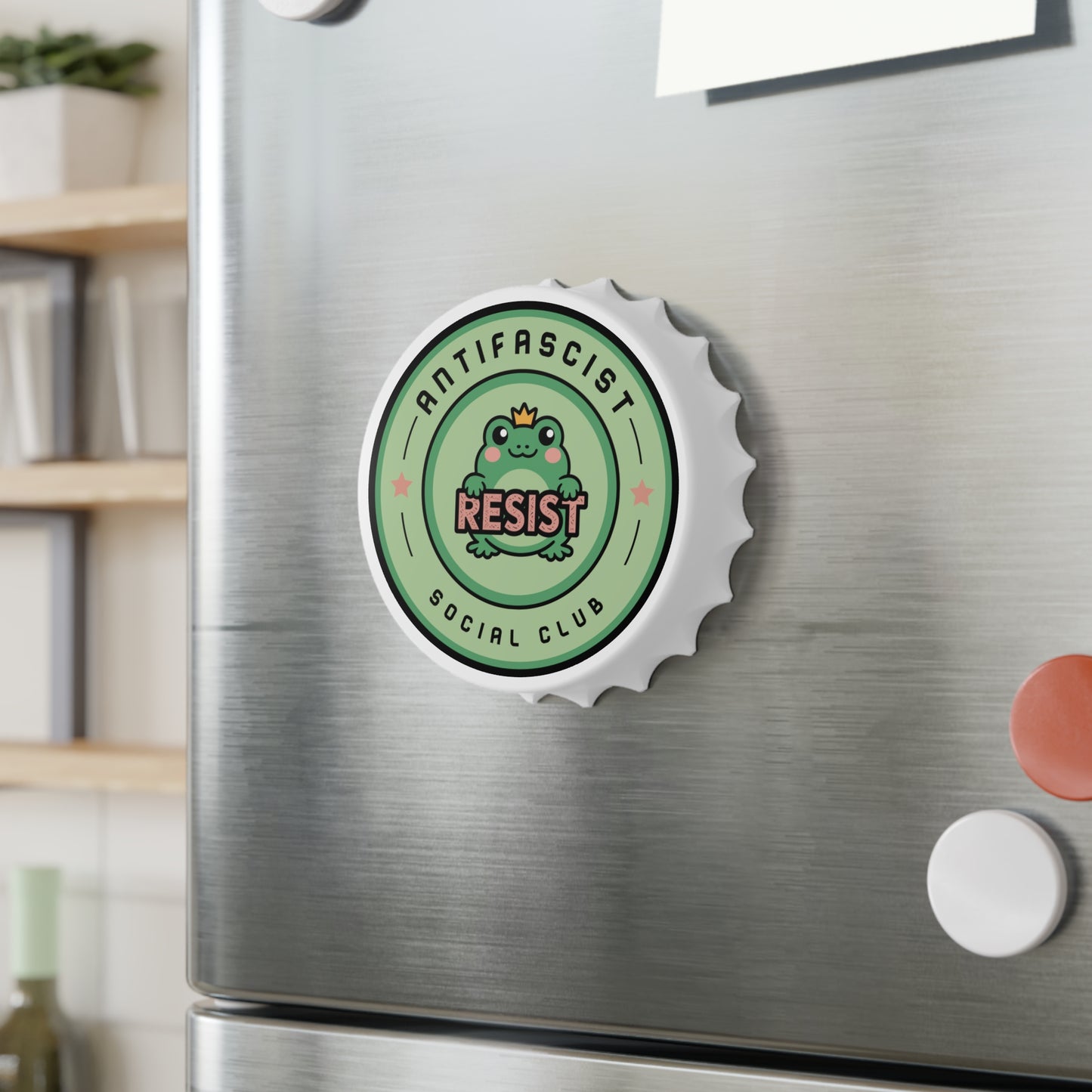 Antifascist Social Club Resist Bottle Opener Kawaii Frog Political Bar Tool by Spinsterly Co, white fridge magnet