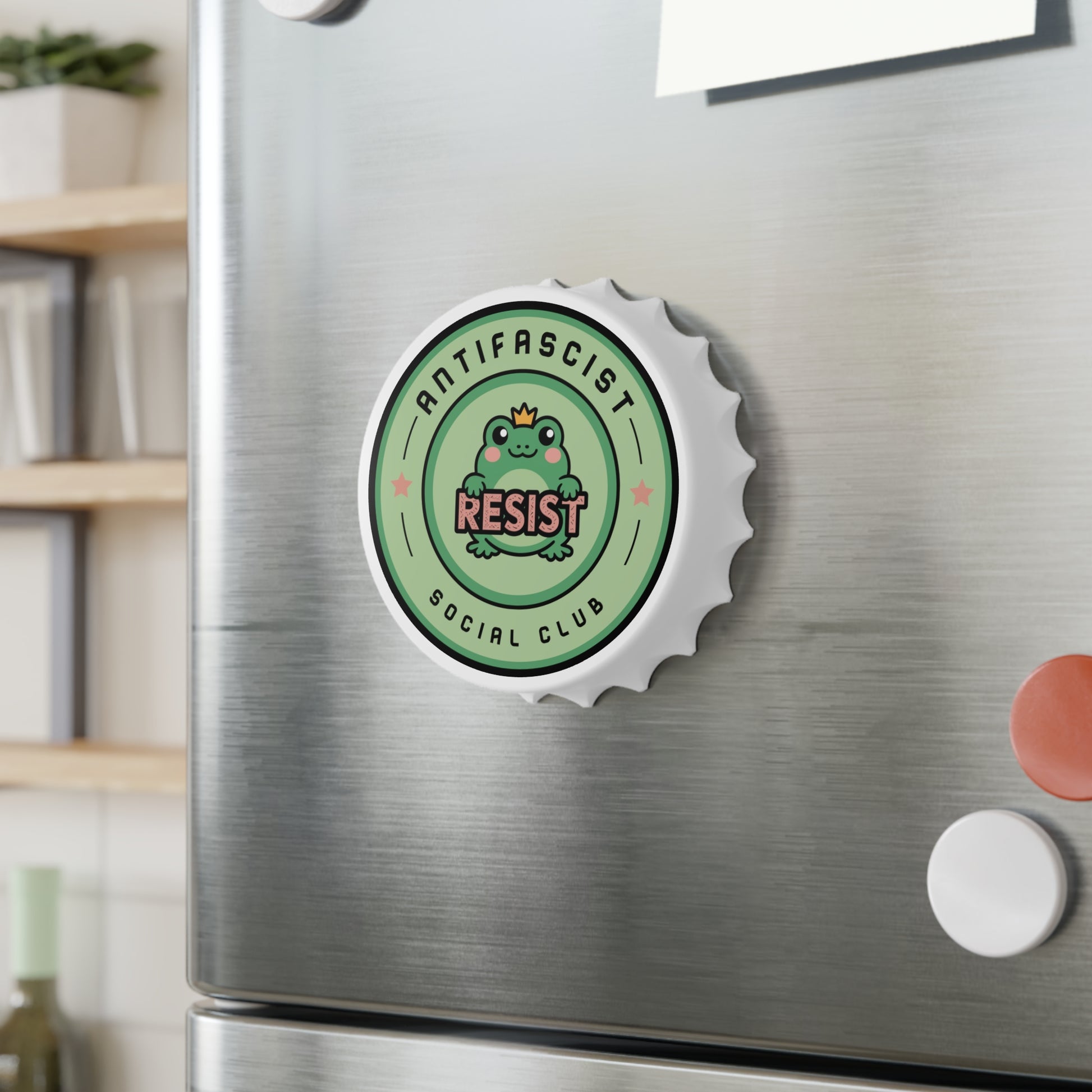 Antifascist Social Club Resist Bottle Opener Kawaii Frog Political Bar Tool by Spinsterly Co, white fridge magnet
