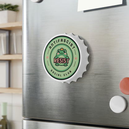 Antifascist Social Club Resist Bottle Opener Kawaii Frog Political Bar Tool by Spinsterly Co, white fridge magnet