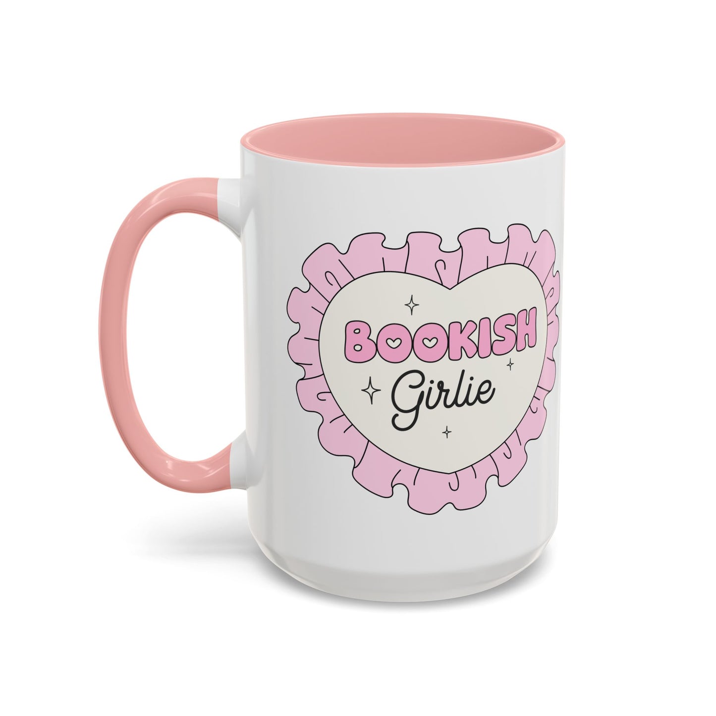 Bookish Girlie Retro Daisy Accent Coffee Mug Pink Spinsterly Co glossy ceramic mug with daisy badge print