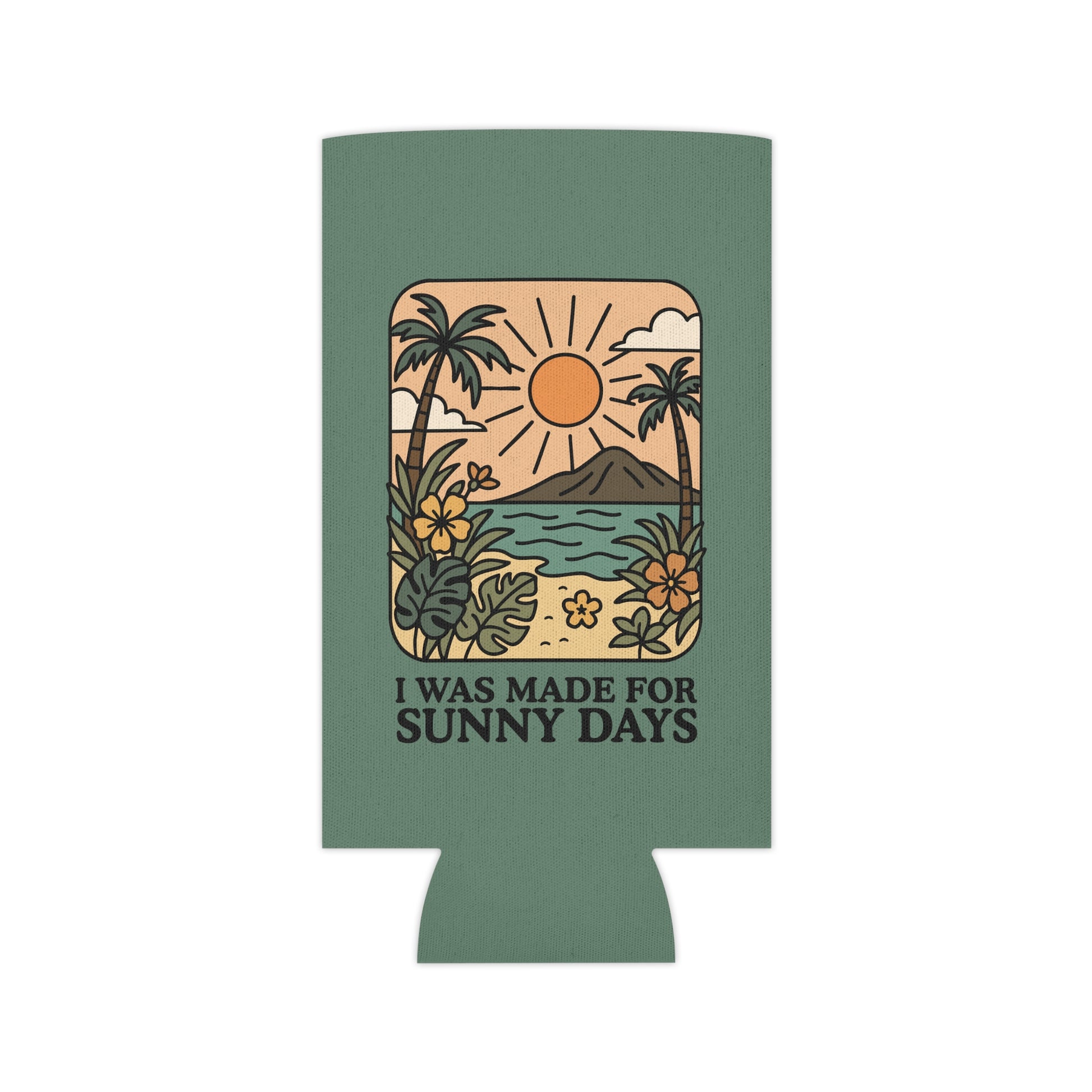 I Was Made for Sunny Days Can Cooler by Spinsterly Co can cooler in green with soft foam interior liner