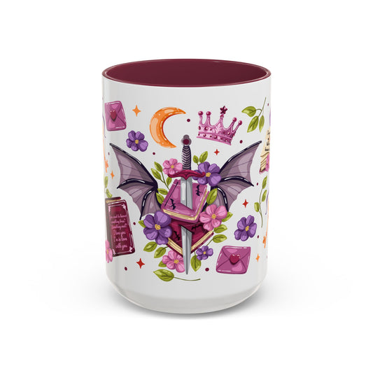 Winged Dagger Crown Romantasy Collage Coffee Mug by Spinsterly Co in Maroon with full wrap ceramic ORCA glossy