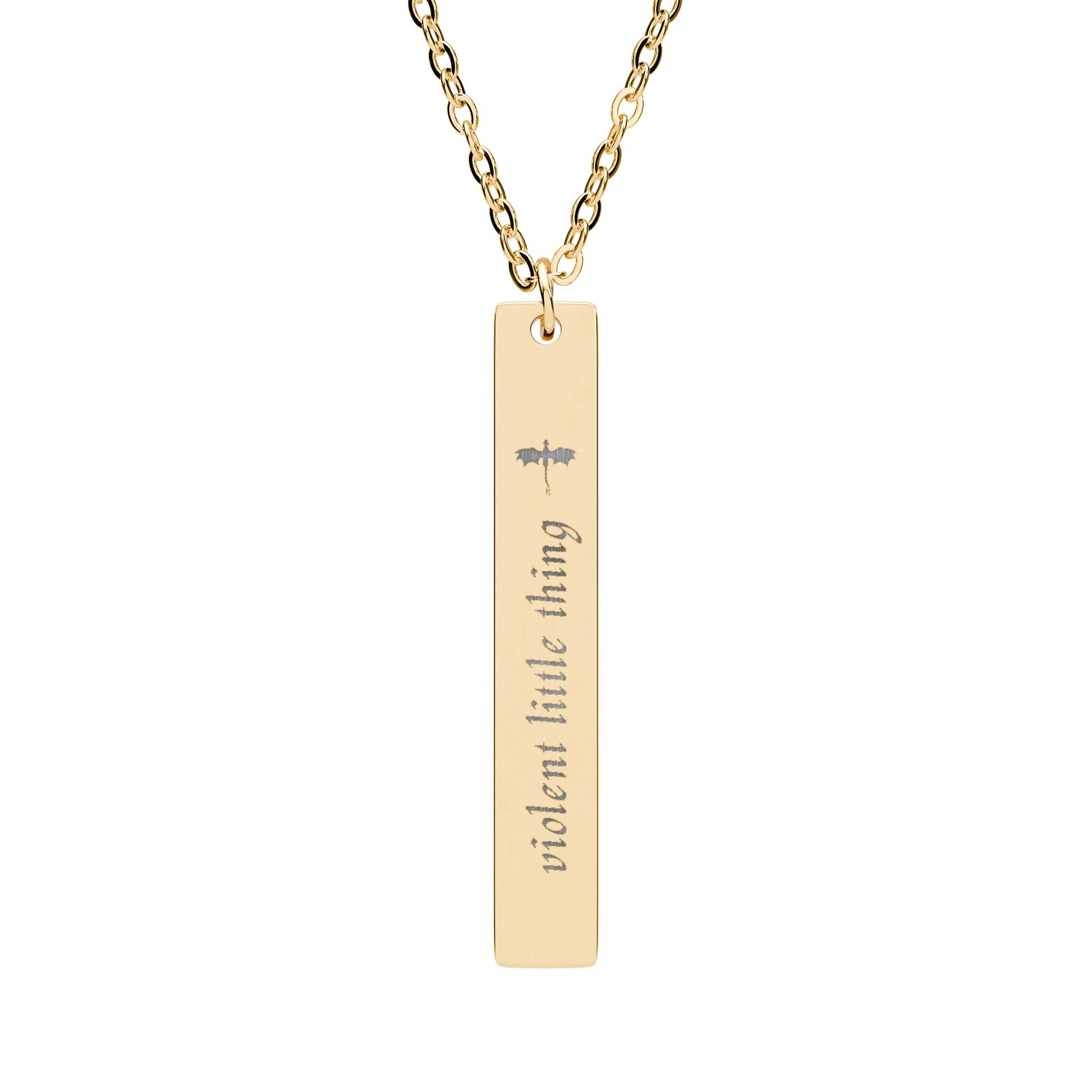 Violent Little Thing Dragon Engraved Vertical Bar Necklace Dark Romantasy Jewelry Gift by Spinsterly, black PVD