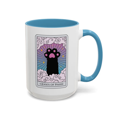 Queen of Paws Accent Coffee Mug by Spinsterly Co, light blue interior, glossy ceramic tarot cat design