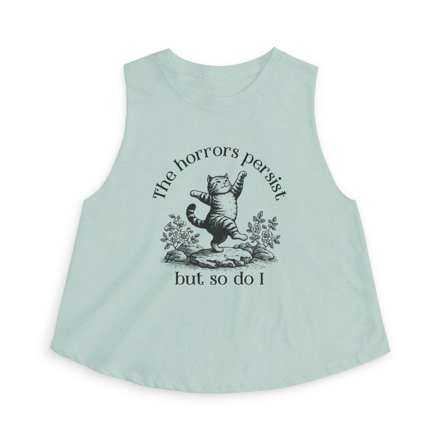 The Horrors Persist But So Do I Crop Top by Spinsterly Co women's cropped tank top in Heather Deep Teal with dancing cat graphic
