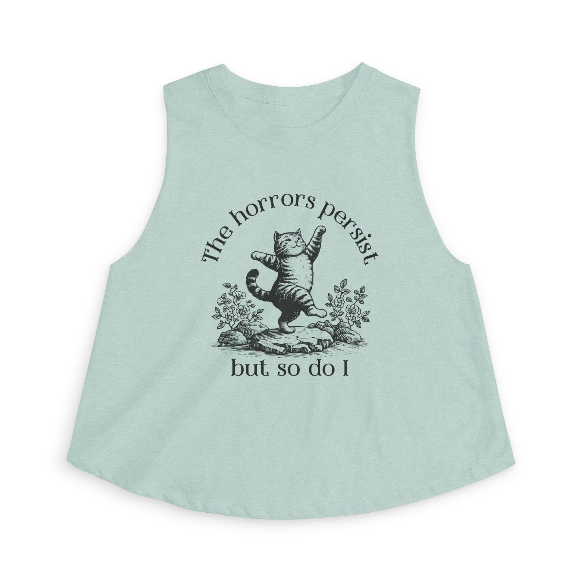 The Horrors Persist But So Do I Crop Top by Spinsterly Co women's cropped tank top in Heather Deep Teal with dancing cat graphic