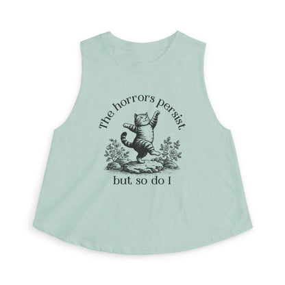 The Horrors Persist But So Do I Crop Top by Spinsterly Co women's cropped tank top in Heather Deep Teal with dancing cat graphic
