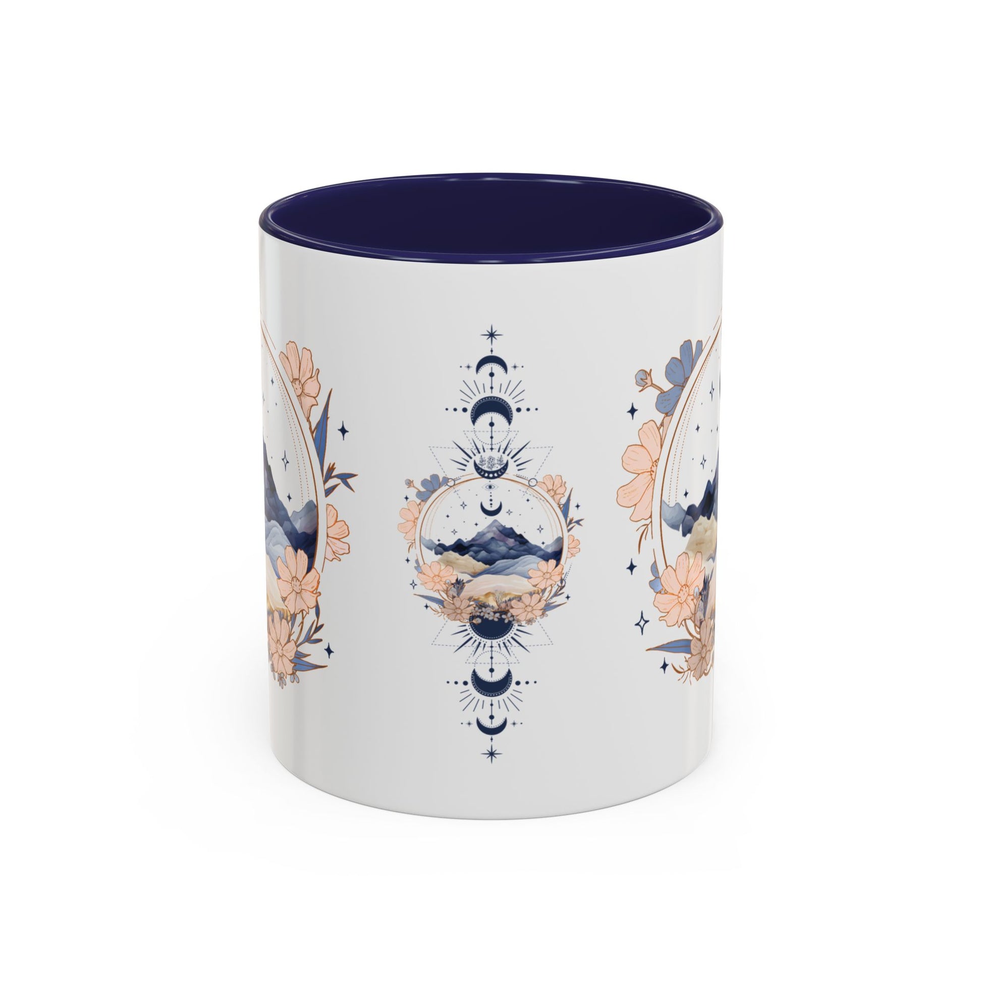 Moon Phase Celestial Accent Coffee Mug by Spinsterly Co in Navy with glossy full wrap watercolor moon art