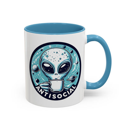 Antisocial Alien Coffee Retro Space Badge Accent Mug by Spinsterly Co in Light Blue with glossy ceramic finish