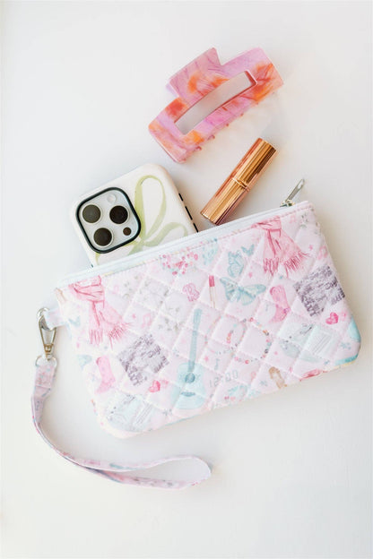Eras Quilted Wristlet Chic Fan Art Clutch Bag by Gracefully Made, pastel quilted exterior with wrist strap