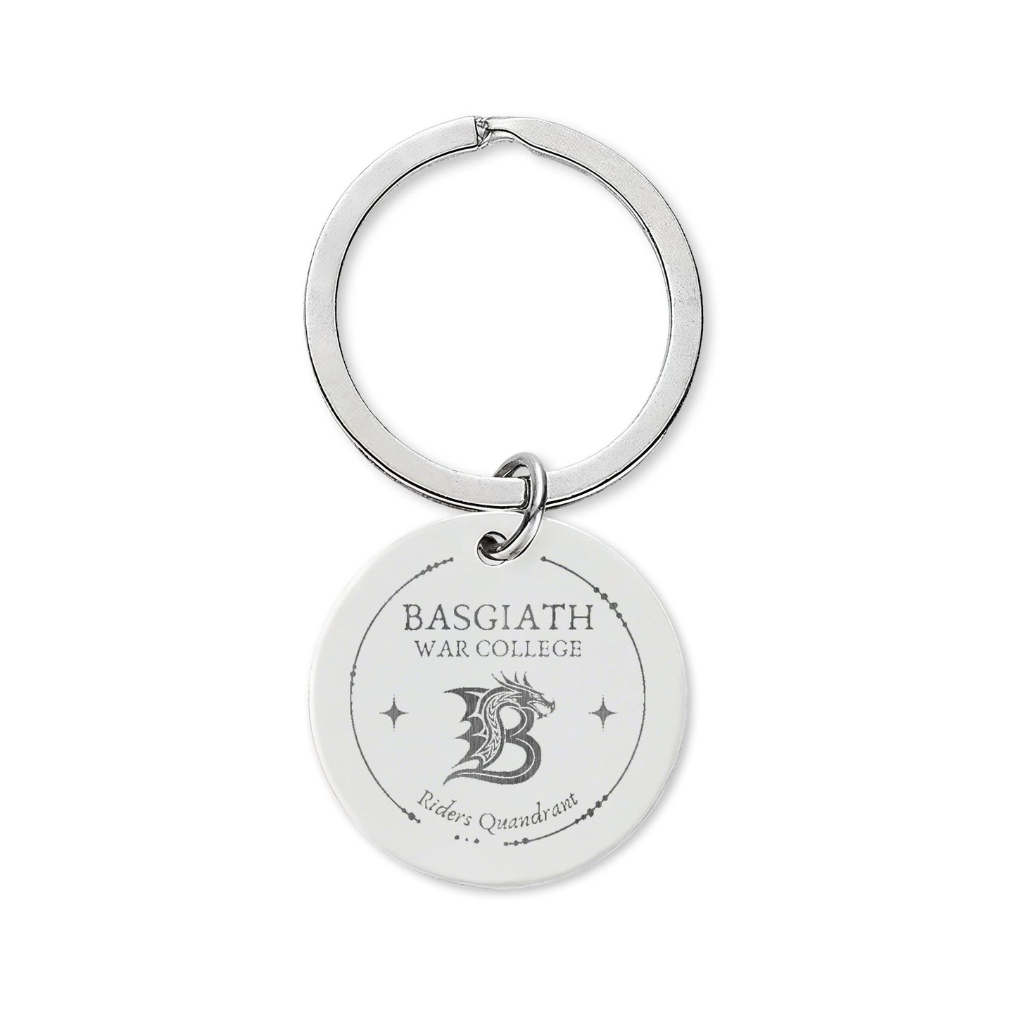 A silver metal keychain featuring a round disc charm engraved with 'BASGIATH WAR COLLEGE', a stylized dragon emblem, and 'Riders Quindecim' on a plain white background.