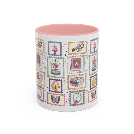 Whimsical Bookish Stamp Collection Coffee Mug by Spinsterly Co in pink with full wrap stamp vignette grid