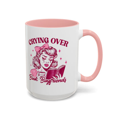 Crying Over Book Boyfriends Retro Pin-Up Accent Coffee Mug Bookish Reader Gift by Spinsterly Co, Pink ceramic glossy mug