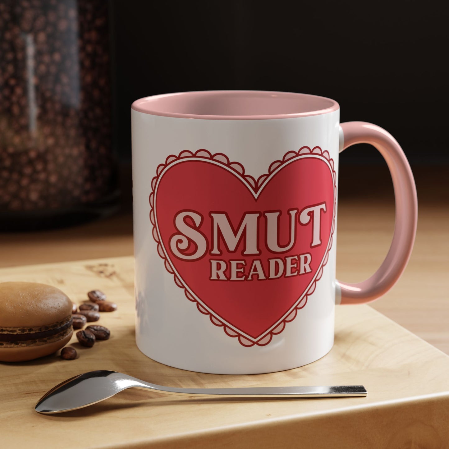 Smut Reader Bold Lace Heart Accent Coffee Mug Spinsterly Co pink glossy ceramic with scalloped lace heart graphic