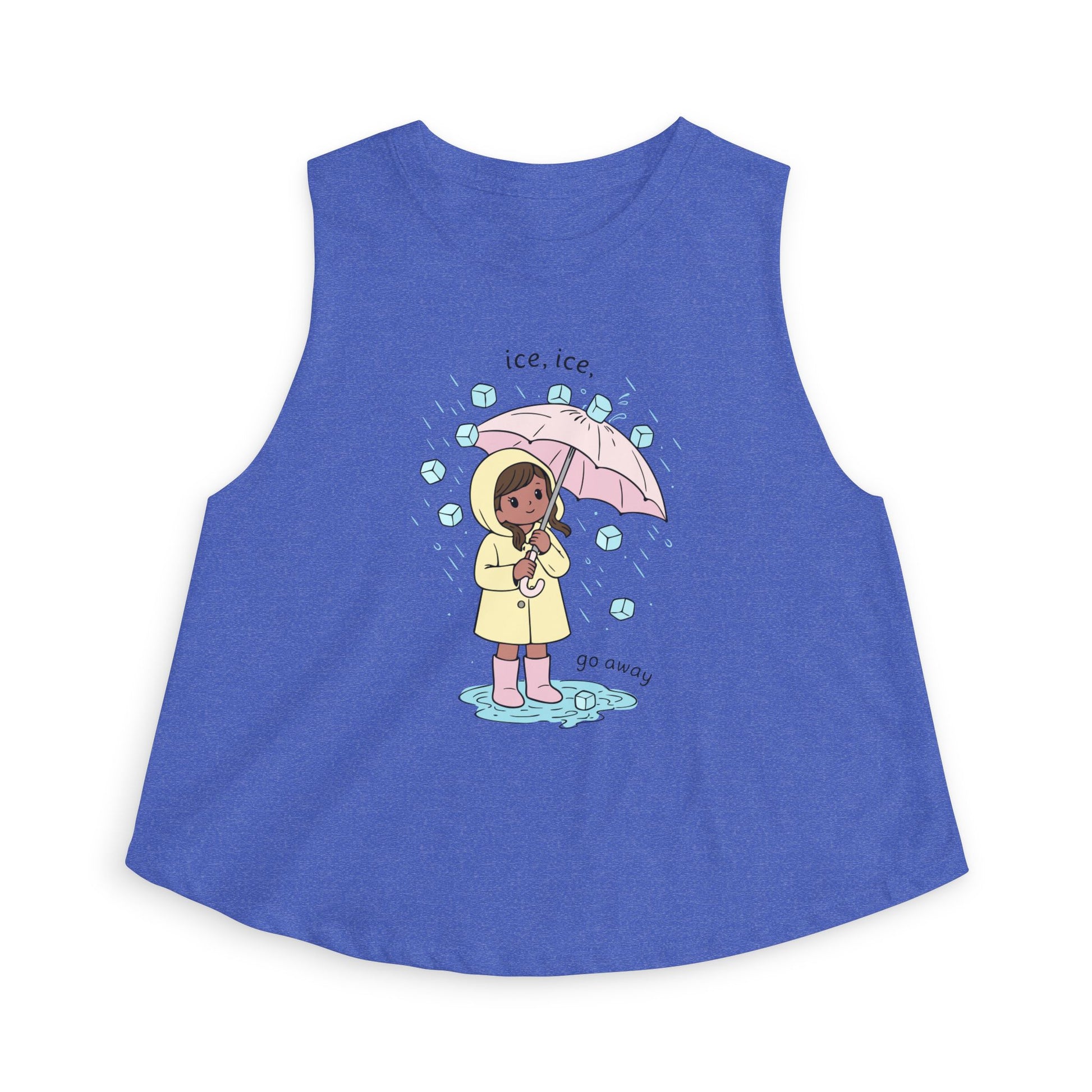 Ice, Ice, Go Away Crop Top Spinsterly Co women's graphic crop top Heather True Royal cold-shoulder style