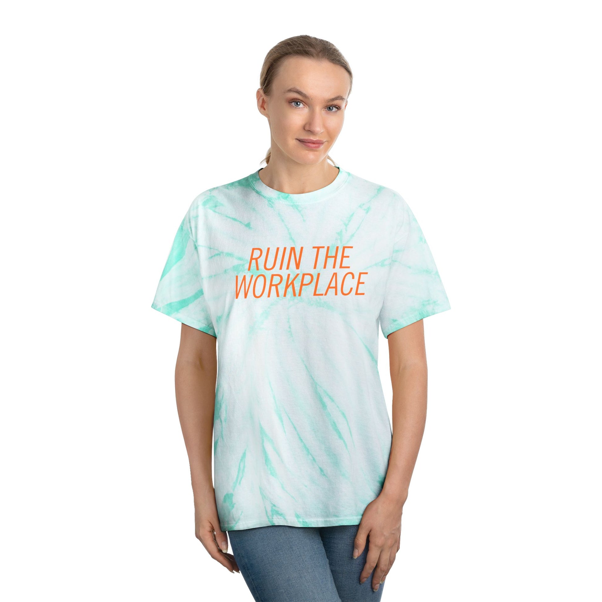 Ruin the Workplace Tie-Dye T-Shirt Mint Cyclone by Spinsterly Co with short-sleeve crew neck and graphic