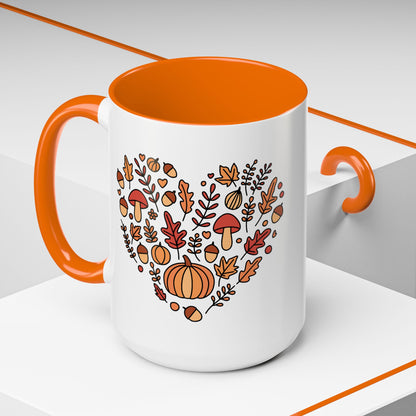 Fall Coffee Mug – Pumpkin & Mushroom Heart, Orange Accent