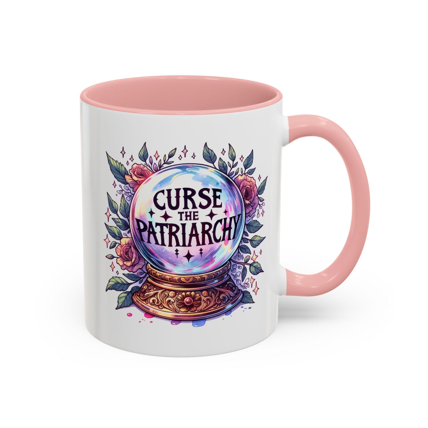 Curse the Patriarchy Floral Crystal Ball Accent Coffee Mug by Spinsterly Co in Pink with glossy ceramic finish