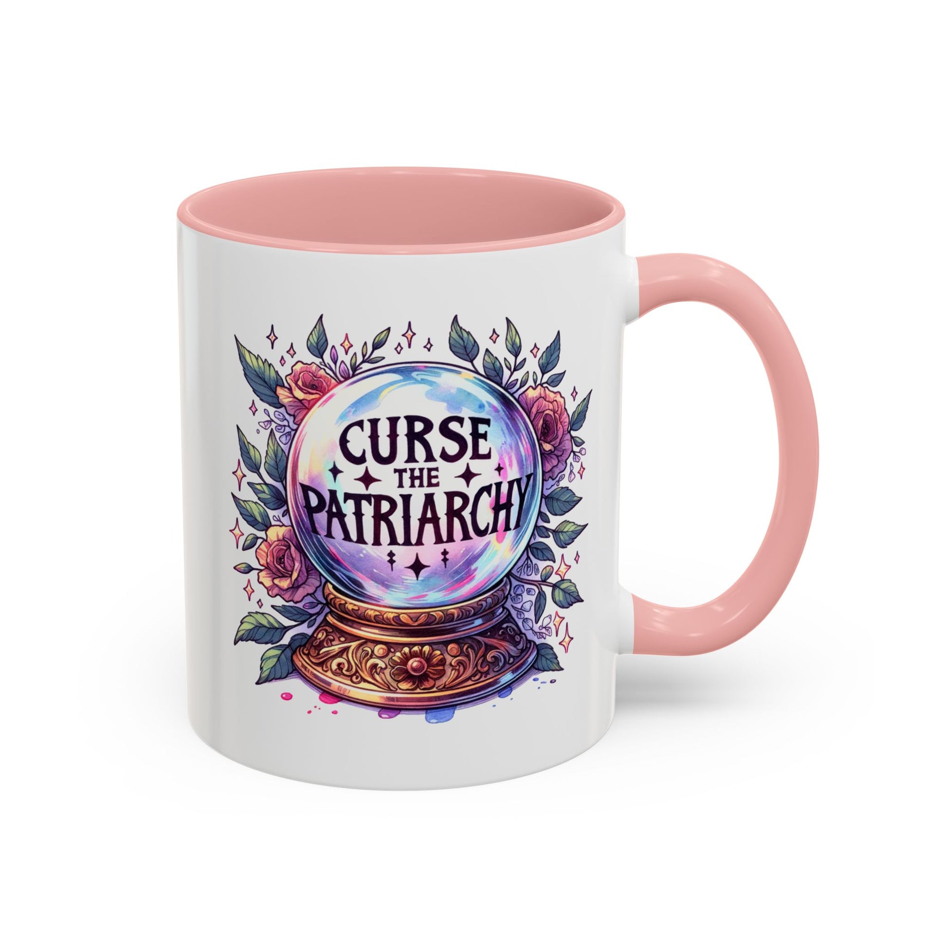 Curse the Patriarchy Floral Crystal Ball Accent Coffee Mug by Spinsterly Co in Pink with glossy ceramic finish