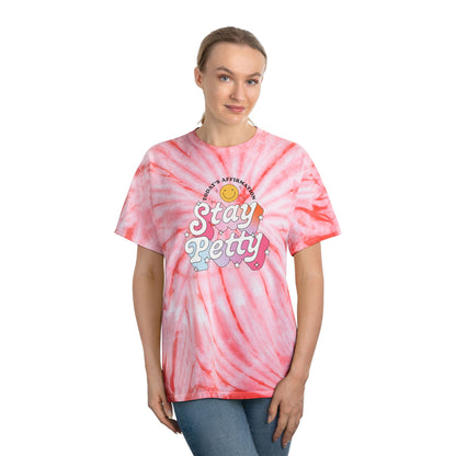 Stay Petty Tie-Dye Graphic Tee Today's Affirmation Smiley Shirt by Spinsterly Co in Coral tie dye cotton