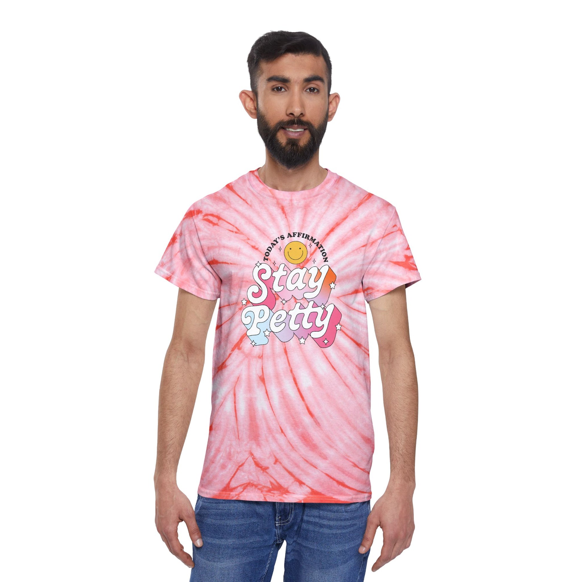 Stay Petty Tie-Dye Graphic Tee Today's Affirmation Smiley Shirt by Spinsterly Co in Coral with arched graphic