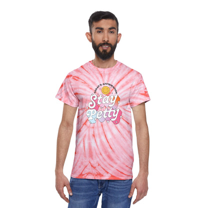 Stay Petty Tie-Dye Graphic Tee Today's Affirmation Smiley Shirt by Spinsterly Co in Coral with arched graphic